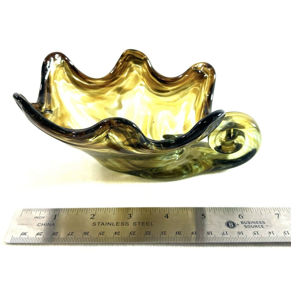 Sooner Art Glass Bowl Hand Blown Amber Swirl with Spiral Handle 7” Long - Picture 5 of 8
